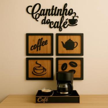 Imagem de Kit Cantinho do Café em MDF com Bandeja, Quadros Decorativos e Frase, Decoração para Cozinha e Escritório