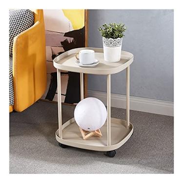 Imagem de Mesa de canto de 2 níveis, mesa lateral pequena mesa quadrada de sofá mesa de centro com prateleira aberta criado-mudo antiferrugem e à prova d'água para sala de estar (cor: branco) (Cáqui)