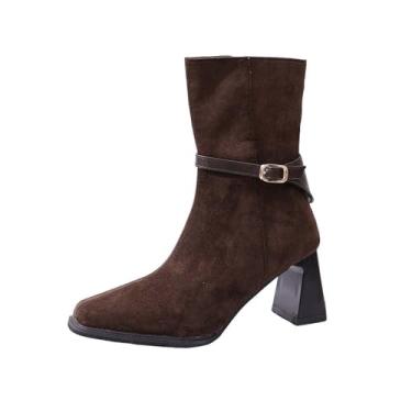 Imagem de Botas femininas modernas de inverno casuais de bico sólido fivela lateral zíper médio sapatos confortáveis, Marrom, 38