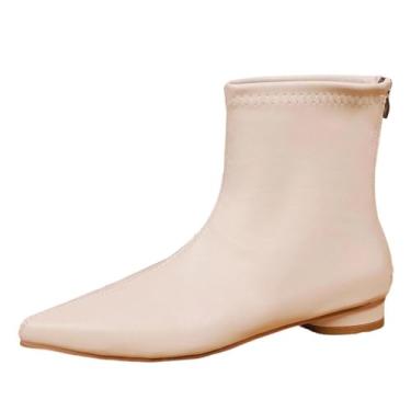 Imagem de Botas femininas modernas, casuais, versáteis, lisas, bico fino, estilo britânico, salto baixo, poliuretano, Branco, 36