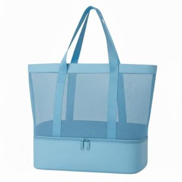 Imagem de Bolsa de Praia Feminina com Rede Ventilada Compartimento Térmico Isolado Com Zíper Prática e Versátil (Azul)