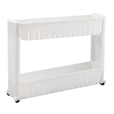 Imagem de Carrinho de armazenamento fino, carrinho organizador móvel de 2 camadas para cozinha, banheiro e lavanderia, unidade de prateleiras utilitárias brancas com rodas, design que economiza espaço