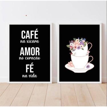 Imagem de Kit 2 Quadros Café Amor Fé 24x18cm - Vidro e Moldura Preta