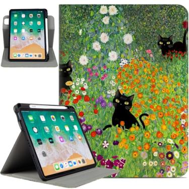 Imagem de Capa giratória para iPad Air de 11 polegadas M3/M2, capa para iPad Air 5ª/4ª geração de 10,9 polegadas, suporte giratório de 360 graus com suporte de lápis para iPad Pro 11 polegadas, flores e gatos