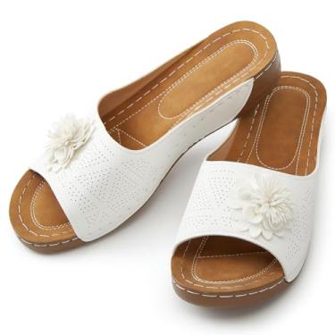 Imagem de Rungion Sandálias femininas de praia de verão com bico aberto baixo com bico aberto, sandálias femininas elegantes e plataformas, confortáveis com flores, Branco, 40