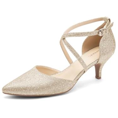 Imagem de Greatonu Sapato feminino de salto baixo fechado bico fino salto gatinho alça cruzada casamento festa nupcial escritório sapatos sociais, Glitter dourado, 40