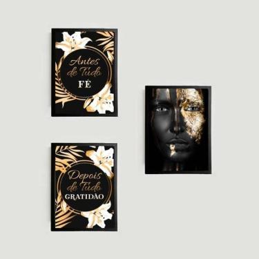 Imagem de Kit 3 Quadros Fé E Gratidão Mulher Negra 33X24Cm - Com Vidro