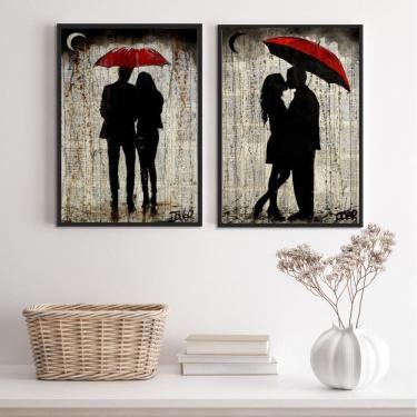 Imagem de Kit 2 Quadros Casal Sombrinha Vermelha 33X24Cm - Com Vidro
