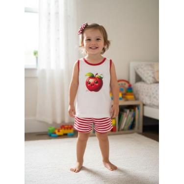 Imagem de Pijama Infantil Menina Maçã Algodão Vermelho com Shorts Listrado Com X