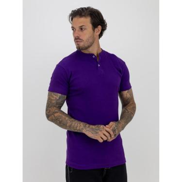 Imagem de Camiseta Slim Canelada Com Botão Lisa Estilo Americano Streetwear Justa ao Corpo Ribana Roxo-Masculino