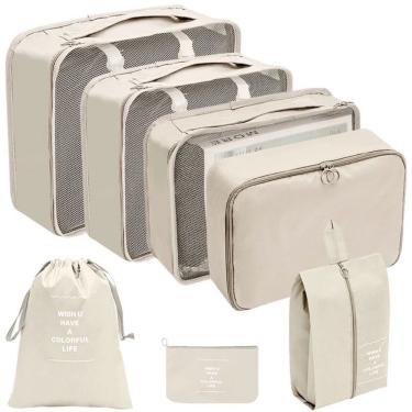 Imagem de Kit Organizador de Mala OEM 7 Peças em Nylon Bege com Necessaire e Sacos para Bagagem Viagem