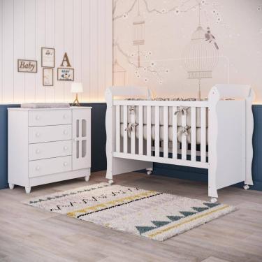 Imagem de Quarto Bebê Berço Americano 3 em 1 Mirelle Cômoda Infantil Fraldário Gabrielle 100% MDF Branco Carolina Baby