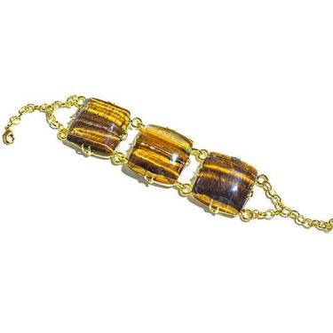 Imagem de Bracelete 3 Pedras Naturais Olho de Tigre Quadrado Dourado - Cristaisd