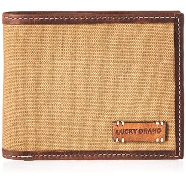 Imagem de Lucky Brand Carteira masculina dobrável | Janela para identidade | Ranhuras para cartões | Couro | Organização | Durável | Elegante, Lona/couro - cáqui, tamanho nico