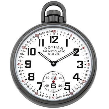Imagem de Relógio masculino Gotham banhado a arma de aço inoxidável mecânico com vento, ferrovia, bolso # GWC14108B