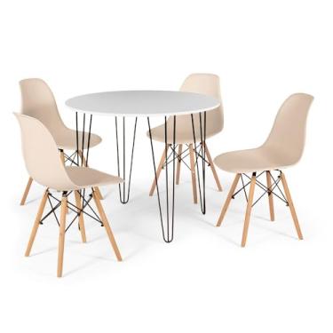 Imagem de Conjunto Mesa de Jantar Redonda Hairpin 90cm Branca com 4 Cadeiras Eames Eiffel - Nude