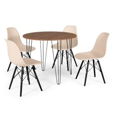 Imagem de Conjunto Mesa de Jantar Redonda Hairpin 90cm Natural com 4 Cadeiras Eames Eiffel Base Preta - Nude