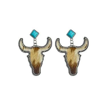Imagem de Brincos de vaqueira ocidental de couro com cabeça de gado bovino brincos pendentes boêmios vintage feitos à mão turquesa animal impressão brincos, Couro, Turquesa
