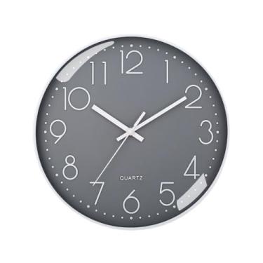Imagem de Jkapagzy Relógio de parede moderno, operado por bateria, relógio de parede redondo silencioso sem tique-taque para sala de estar, quarto, cozinha, escritório, sala de aula, decoração (fundo cinza com