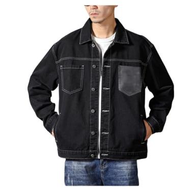 Imagem de Jaqueta jeans masculina silhueta casual bolso solto cor sólida jaqueta com botões elásticos, Preto, G