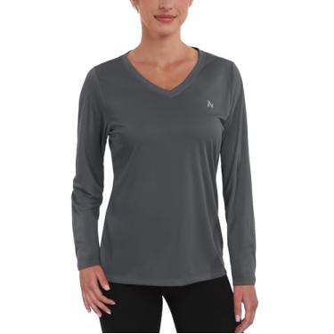 Imagem de Nepest Camisetas femininas FPS 50+ para sol dry fit atlético, corrida, manga comprida, gola V, Cinza escuro, P