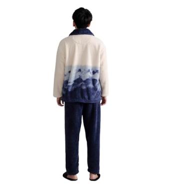 Imagem de Conjunto de pijama masculino de flanela combinando com cores e 2 peças, conjunto de pijama com botões frontais, Azul, M