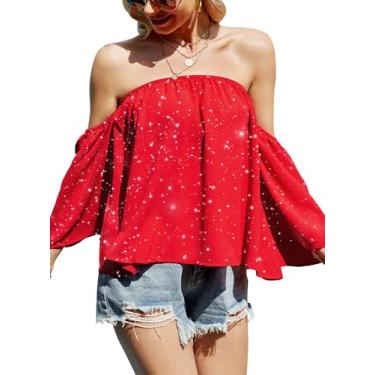 Imagem de Blusas femininas de verão com ombros de fora, manga curta, sexy, chiffon, babados, camiseta casual, Z New Sequin Glitter Vermelho, GG