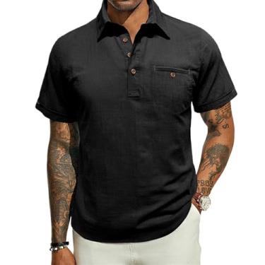 Imagem de Camisa polo masculina manga curta algodão 3 botões ajuste clássico camiseta casual, Preto, P