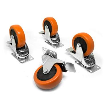 Imagem de WEN CA3223B Rodízio de placa giratória de poliuretano de rolamento único com freio (pacote com 4), laranja