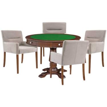 Imagem de Mesa de Jogos Carteado Victoria Redonda Tampo Reversível Imbuia com Kit 4 Cadeiras Vicenza Suede Nude - Gran Belo