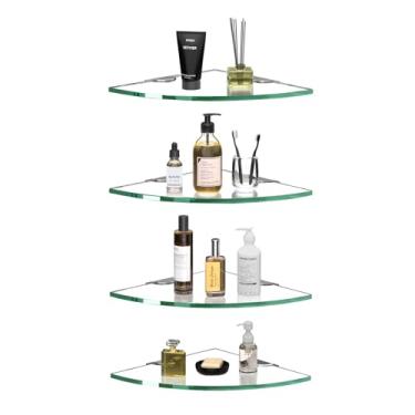 Imagem de Suporte de chuveiro de canto de vidro temperado, pacote com 4 prateleiras de vidro temperado de 8 mm de espessura, sem perfuração, suporte de parede, suporte de canto, adesivo para economia de espaço, prateleira de banheiro, organizador de xampu para prateleira de casa, forte aderência