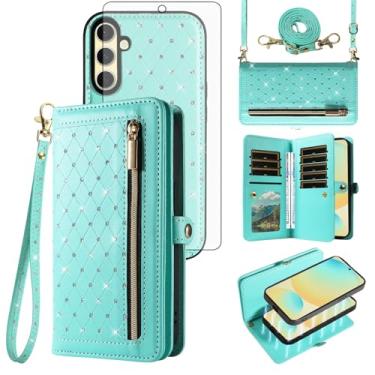 Imagem de Asuwish Capa de celular para Samsung Galaxy S24 FE 5G carteira com zíper destacável com protetor de tela de vidro temperado alça transversal Bling Flip suporte para cartão de crédito S 24 EF S24FE 24S