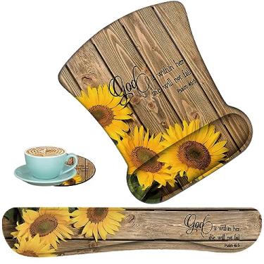Imagem de Girassol Psalm 46:5 - Combinação de suporte de pulso e porta-copos para copos, base de poliuretano antiderrapante, mouse pad de pulso com memória de gel, alívio da dor para jogos e escritório