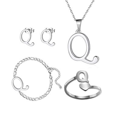 Imagem de Loqimu Pacote com 4 conjuntos de joias iniciais de aço inoxidável para mulheres, anéis de prata, pulseiras, brincos com pingente, colar, gargantilha maiúscula, corrente, brincos de orelha, presente