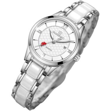 Imagem de GUANHAO Relógios femininos de cerâmica, moda feminina, elegante, relógio de pulso feminino com detalhes de diamante, calendário à prova d'água, vidro mineral, Prata