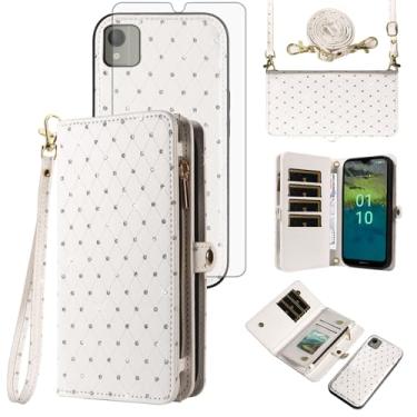 Imagem de Asuwish Capa de celular para Nokia C110 carteira com zíper destacável com protetor de tela de vidro temperado alça transversal alça com glitter flip porta-cartão slot C 110 4G N156DL mulheres meninas