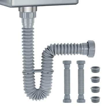 Imagem de Kit de drenagem de pia de cozinha flexível de 3,8 cm e 3,5 cm, tubo de drenagem de pia de banheiro ajustável, triturador de lixo de cozinha 25 a 74 cm (pacote com 2)