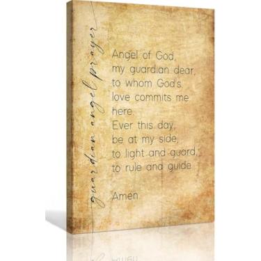 Imagem de Zhefoart Arte de parede de oração de anjo da guarda citações arte de parede retrô pôster para quarto quadro decorativo vintage tela emoldurada arte vertical para escritório em casa 30,5 x 45,7 cm