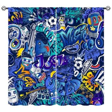 Imagem de Cortinas de grafite musical para crianças, meninos, meninas, abstratas, modernas, blackout para decoração de sala de estar, quarto, cortinas de janela 107 cm L x 114 cm C