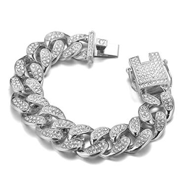 Imagem de Richhut Corrente de ouro para homens ?Cachorro grande? Corrente de elos cubanos de 20 mm de largura tom prateado banhado a ouro branco real banhado a platina pulseira monofone diamantes fecho 22 cm