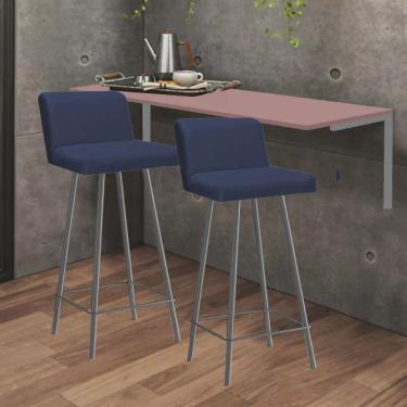 Imagem de Kit Mesa Suspensa de Parede Fixa mdf Rosa + 2 Banquetas Lexi Ferro Cinza Corino Azul Marinho - Ahazzo Móveis