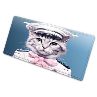 Imagem de Retrato fofo de gato em boné de marinheiro capa de placa de licença elegante - etiqueta de carro de alumínio artística, à prova de ferrugem, design exclusivo novidade - 15 x 30 cm