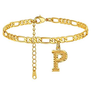 Imagem de Tornozeleiras GoldChic Jewelry com iniciais, personalizadas à prova d'água 4,5 mm de largura redimensionáveis 18K banhado a ouro corrente Figaro inicial letra tornozelo pulseiras para mulheres meninas joias de verão, 22-27 cm de comprimento