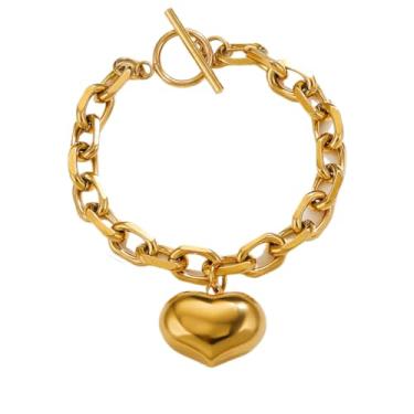 Imagem de Suxerlry Pulseira feminina com pingente de coração inchado com fecho de botão e corrente de elos grossos, One Size, Metal, Zircônia cúbica