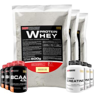 Imagem de Kit 3x Whey Protein 500g + 3x Power Creatina 100g + 3x BCAA 4,5g 100g - Bodybuilders (Médio, Baunilha)