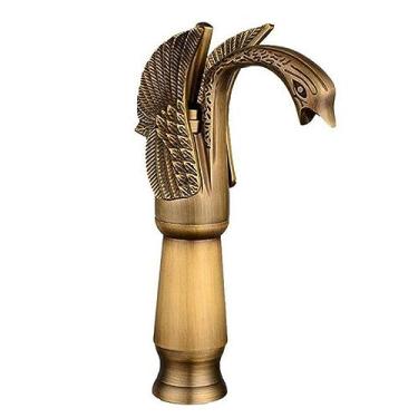 Imagem de Torneira de lavatório de banheiro em forma de cisne de latão antigo com um orifício torneira misturadora estilo tradicional montada no convés, branco dourado alto (latão antigo alto)