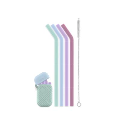 Imagem de Ello Pacote com 4 canudos de silicone reutilizáveis Impact com estojo dobrável e armazenado, canudo portátil para festa e viagem, navio de cruzeiro, inclui escova de limpeza de palha, revestido com