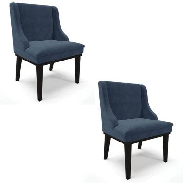 Imagem de Kit 2 Cadeiras Estofadas Para Sala De Jantar Base Fixa De Madeira Preto Lia Suede Azul Marinho - Ibiza