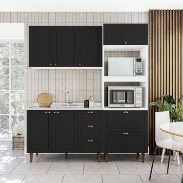 Imagem de Cozinha Pérola Completa 3 Peças Aéreo 3 Portas E Balcão 2 Gavetas 3 Portas E Torre Quente Yescasa Branco-preto
