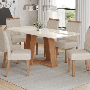 Imagem de Conjunto Sala Jantar Mesa Lins 160cm Canto Arredondado Com Vidro + 6 Cadeiras Bella Nature- Off White